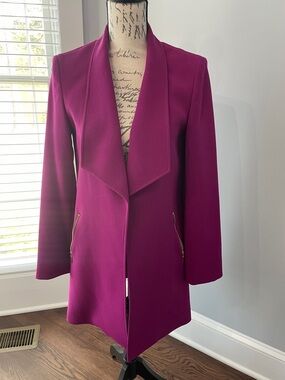 Tahari Magenta Open-Front Coat with Draped Collar